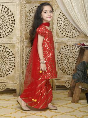 Girls red gold printed kurta with sharara 5
