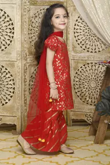 Girls red gold printed kurta with sharara