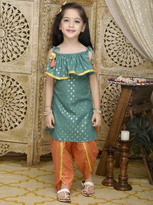Teal Green Kurta with Orange Dhoti having all over Gold Print 1