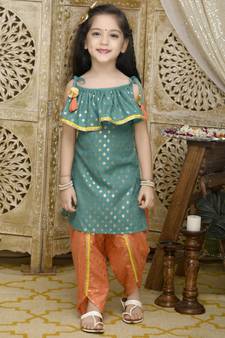 Teal Green Kurta with Orange Dhoti having all over Gold Print