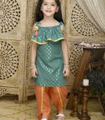 Teal Green Kurta with Orange Dhoti having all over Gold Print