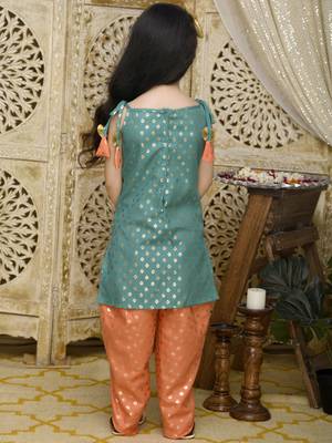 Teal Green Kurta with Orange Dhoti having all over Gold Print 2