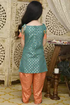 Teal Green Kurta with Orange Dhoti having all over Gold Print