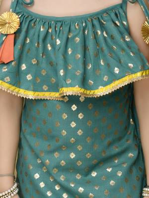 Teal Green Kurta with Orange Dhoti having all over Gold Print 3