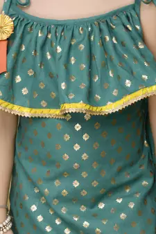 Teal Green Kurta with Orange Dhoti having all over Gold Print