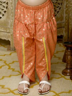 Teal Green Kurta with Orange Dhoti having all over Gold Print 4