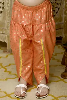 Teal Green Kurta with Orange Dhoti having all over Gold Print