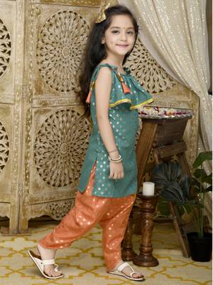 Teal Green Kurta with Orange Dhoti having all over Gold Print 5