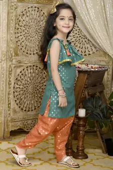 Teal Green Kurta with Orange Dhoti having all over Gold Print
