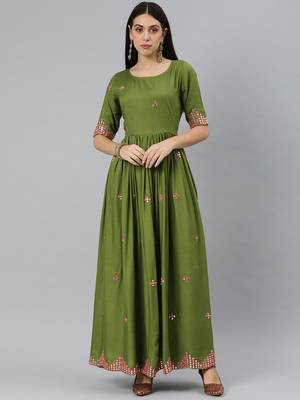 Olive embroidered viscose rayon maxi-dresses 1