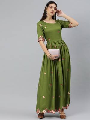 Olive embroidered viscose rayon maxi-dresses 4