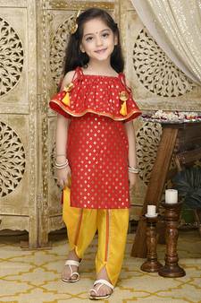 Red with all Over Gold Print Kurti & Yellow Dhoti Set