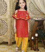 Red with all Over Gold Print Kurti & Yellow Dhoti Set