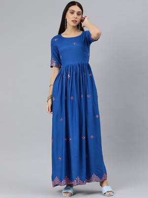 Blue embroidered viscose rayon maxi-dresses 1