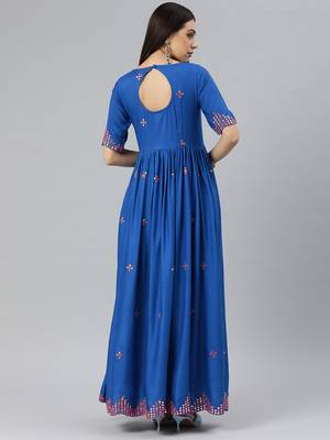 Blue embroidered viscose rayon maxi-dresses 2