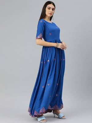 Blue embroidered viscose rayon maxi-dresses 3