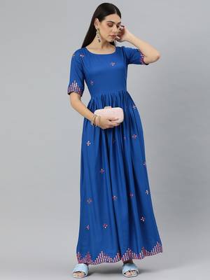 Blue embroidered viscose rayon maxi-dresses 4