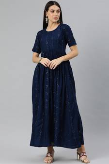Navy-blue embroidered viscose rayon maxi-dresses