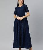 Navy-blue embroidered viscose rayon maxi-dresses