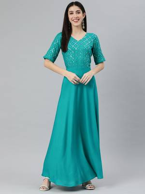 Turquoise embroidered viscose rayon maxi-dresses 1