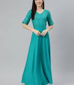 Turquoise embroidered viscose rayon maxi-dresses