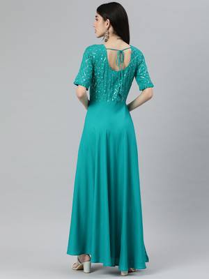 Turquoise embroidered viscose rayon maxi-dresses 2