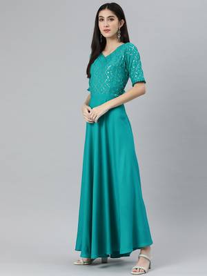 Turquoise embroidered viscose rayon maxi-dresses 3
