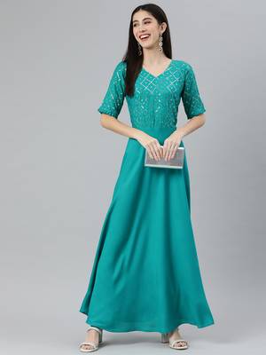 Turquoise embroidered viscose rayon maxi-dresses 4