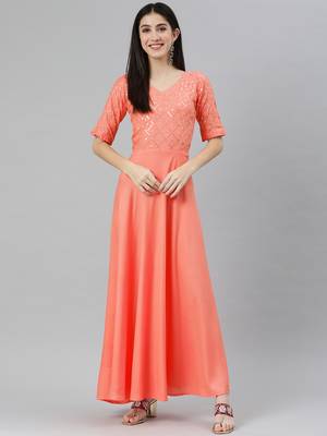 Peach embroidered viscose rayon maxi-dresses 1