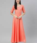 Peach embroidered viscose rayon maxi-dresses