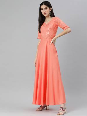 Peach embroidered viscose rayon maxi-dresses 3