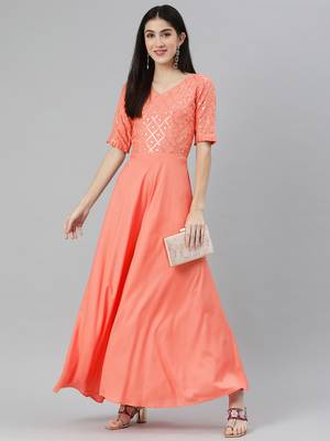 Peach embroidered viscose rayon maxi-dresses 4