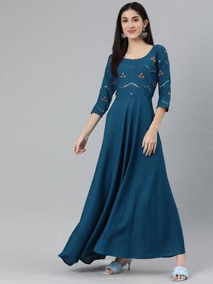 Teal embroidered viscose rayon maxi-dresses 1