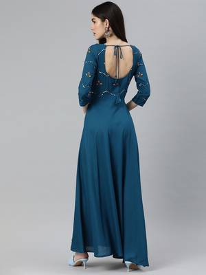 Teal embroidered viscose rayon maxi-dresses 2