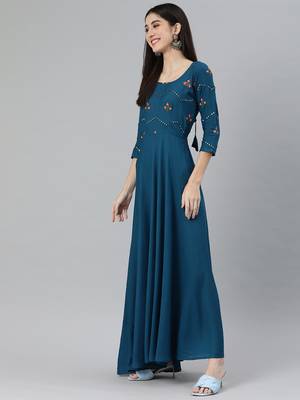 Teal embroidered viscose rayon maxi-dresses 3