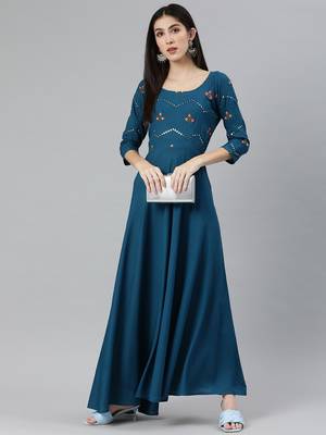 Teal embroidered viscose rayon maxi-dresses 4