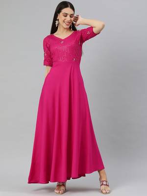 Pink embroidered viscose rayon maxi-dresses 1
