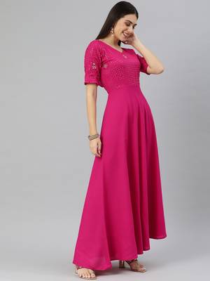 Pink embroidered viscose rayon maxi-dresses 3