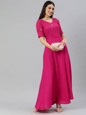 Pink embroidered viscose rayon maxi-dresses 4