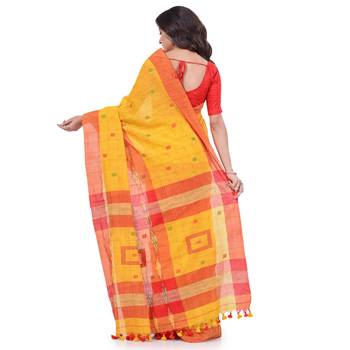 Yellow hand woven cotton saree with blouse 3