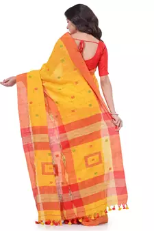 Yellow hand woven cotton saree with blouse