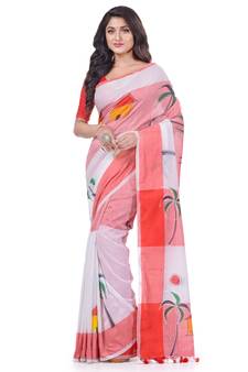 White hand woven cotton saree with blouse