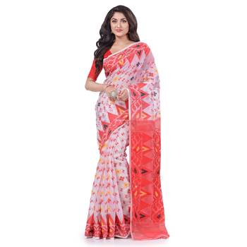 White Woven Cotton Saree Without Blouse 1