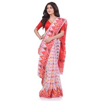 White Woven Cotton Saree Without Blouse 2