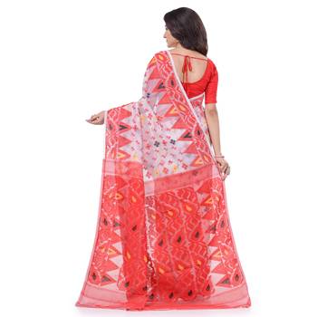 White Woven Cotton Saree Without Blouse 4