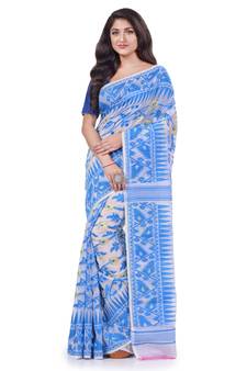 Blue Woven Cotton Saree Without Blouse