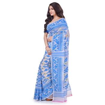 Blue Woven Cotton Saree Without Blouse 2