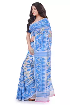 Blue Woven Cotton Saree Without Blouse