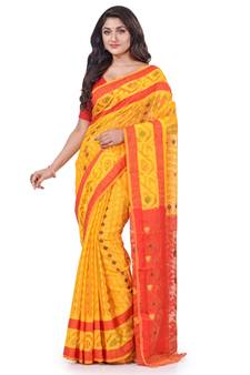Yellow Woven Cotton Saree Without Blouse