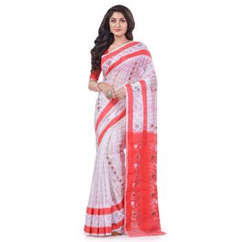 White Woven Cotton Saree Without Blouse 1